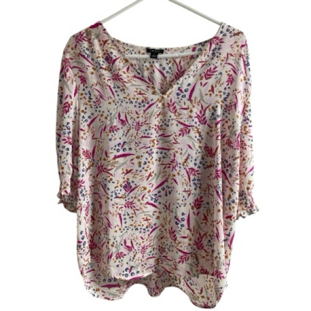 Ann Taylor Factory Floral V-Neck Smocked Cuff Blouse Pink Purple White Large